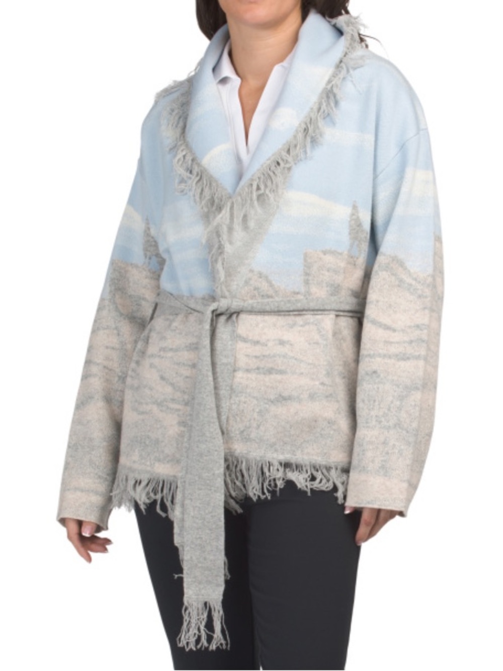 Greyson Fringed Belted Open Cardigan in Sky Blue and Light Gray